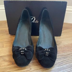 Delman Yvette Round-Toe Pumps, Black Suede/Metal Bead Details, Size 8.5